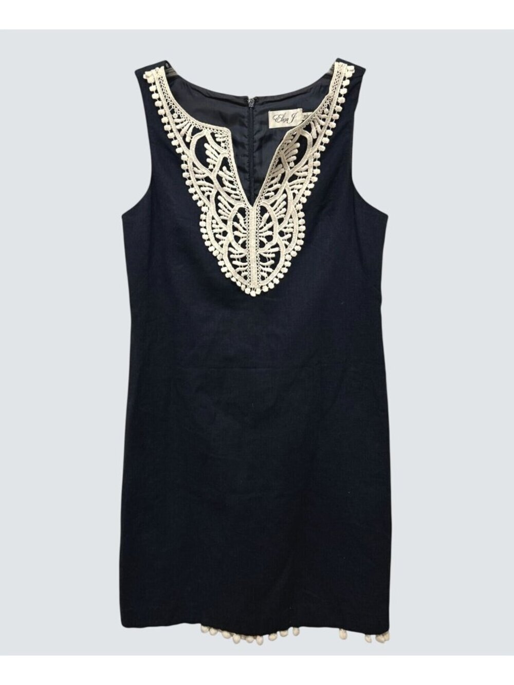 Eliza J Navy Sleeveless Dress With Lace Overlay & Pom-Pom Trim Size 4